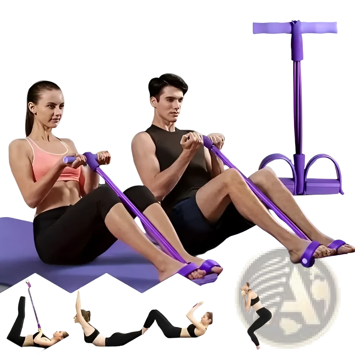 Purple pedal resistance band with t-shaped handle and foot loops designed for leg exercises fitness equipment