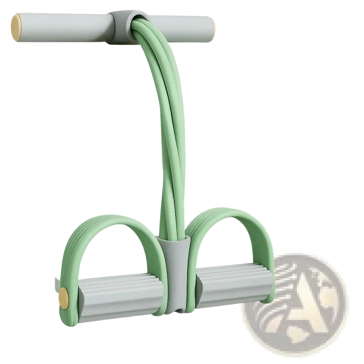 A mint green and gray wall-mounted pedal resistance band home workout machine with handle and elastic foot grips