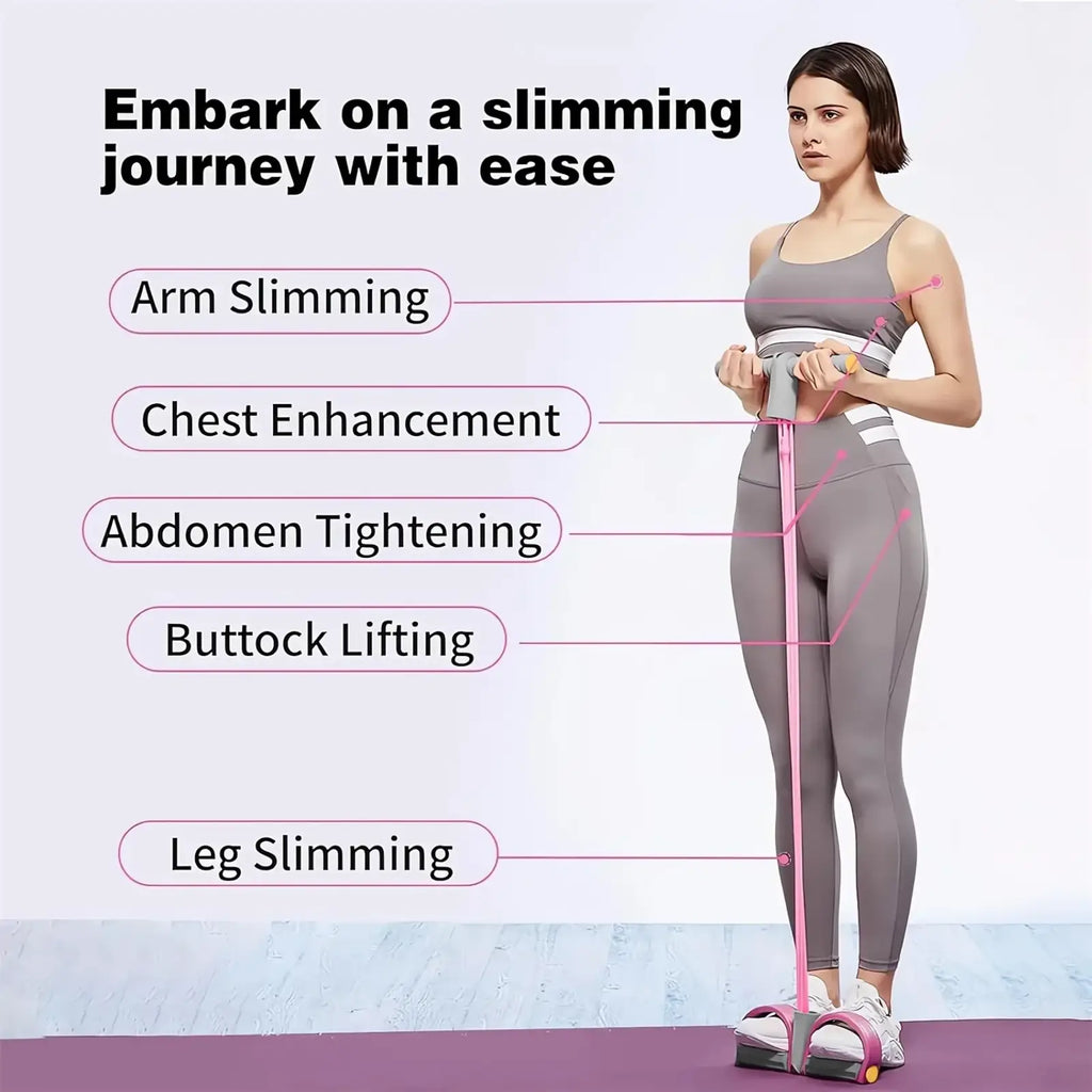 Pink pedal resistance band with gray and black adjustable foot strap designed for home slimming exercises