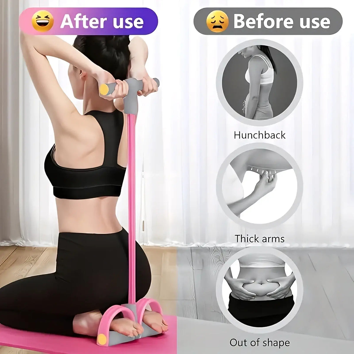 Pedal resistance band home workout equipment in pink and gray with yellow handles for strength training exercises