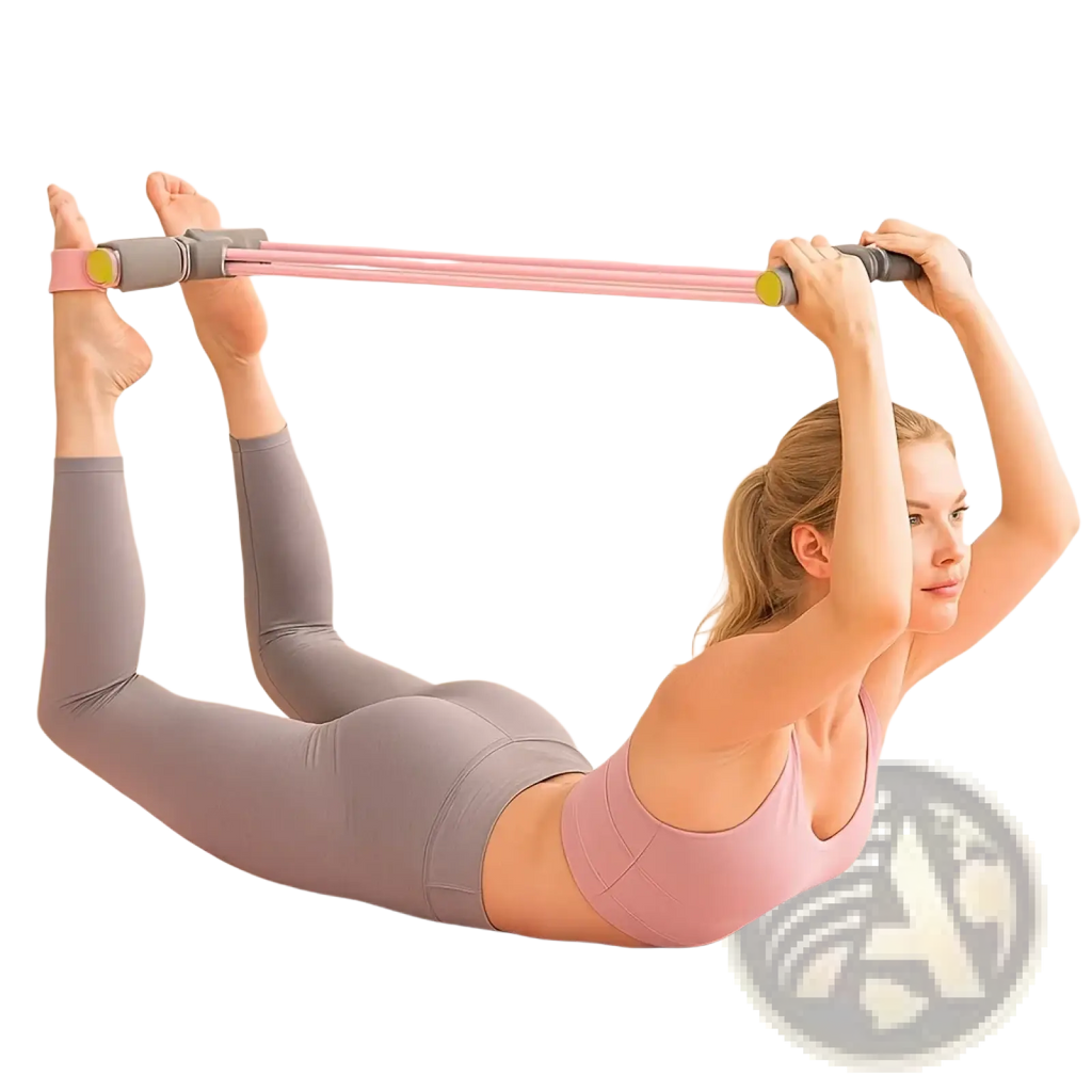 Pink pedal resistance band with gray handles and yellow end caps for home workout exercise equipment