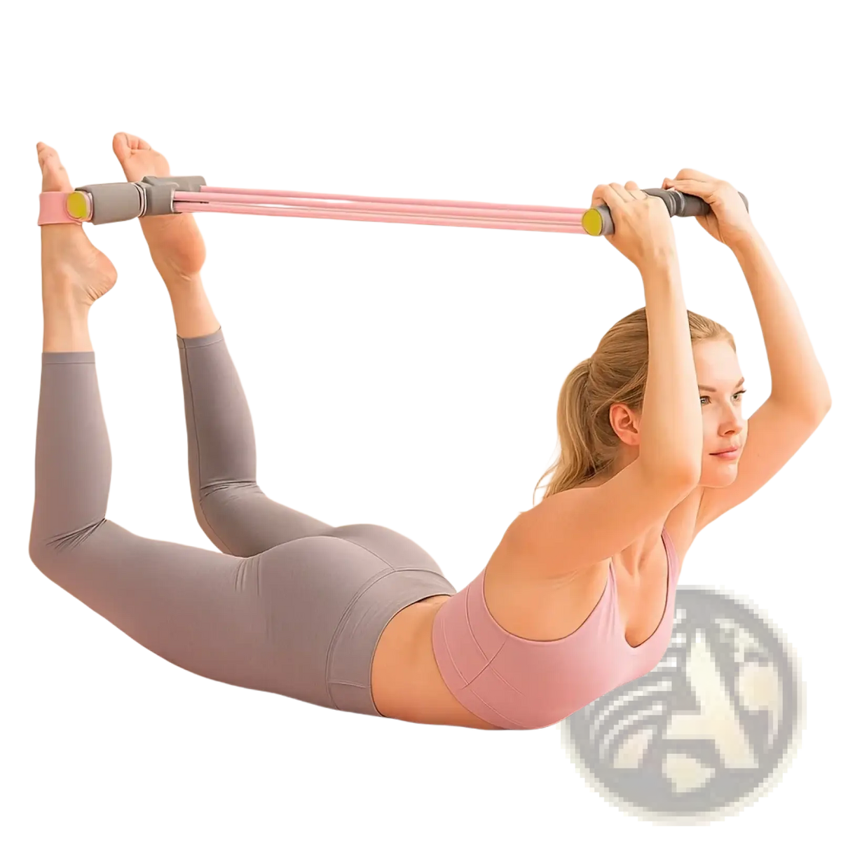 Pink pedal resistance band with gray handles and yellow end caps for home workout exercise equipment