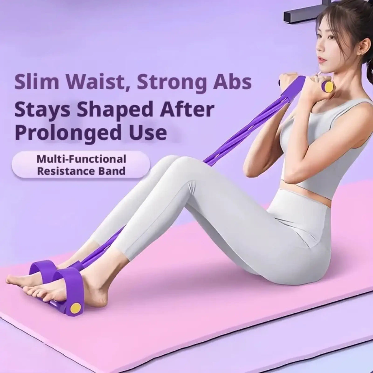 Purple multi-functional pedal resistance band with yellow circular handles and foot straps for yoga exercise