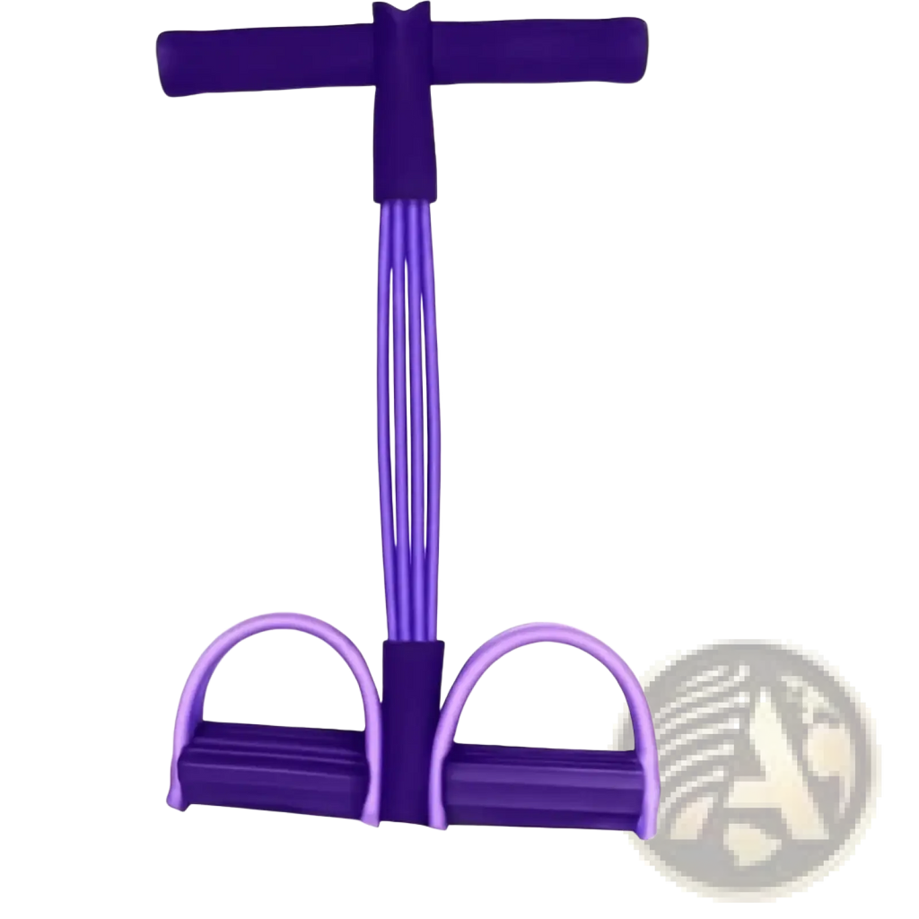 Purple rubber pedal resistance band yoga exerciser with t-shaped handle and dual foot loops for fitness workouts