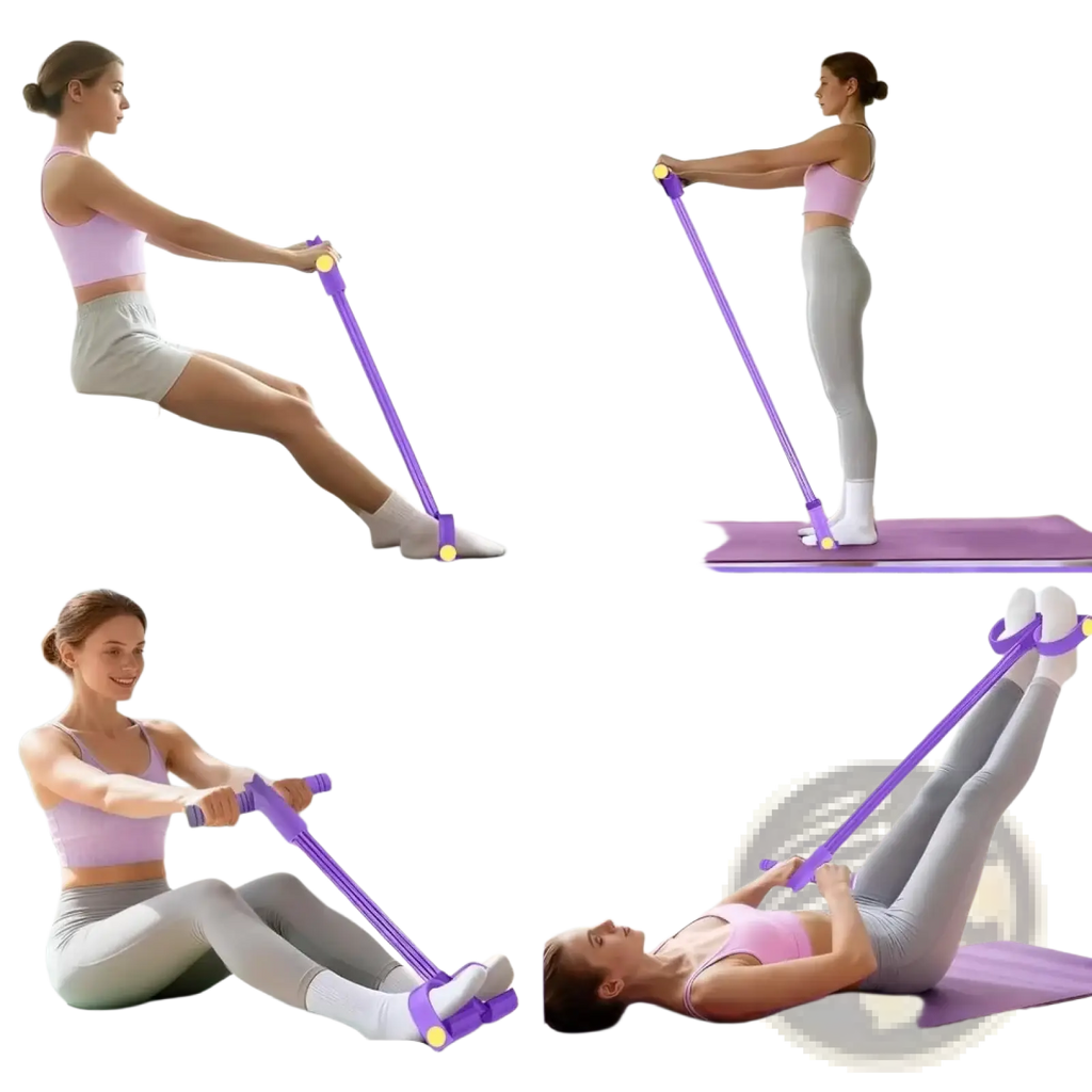Purple pedal resistance band yoga exerciser with yellow handles and foot attachments for strength training