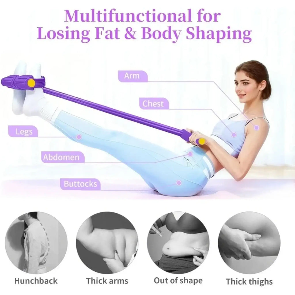 Pedal resistance band yoga exerciser with purple band and yellow handles for fat loss and body shaping exercises