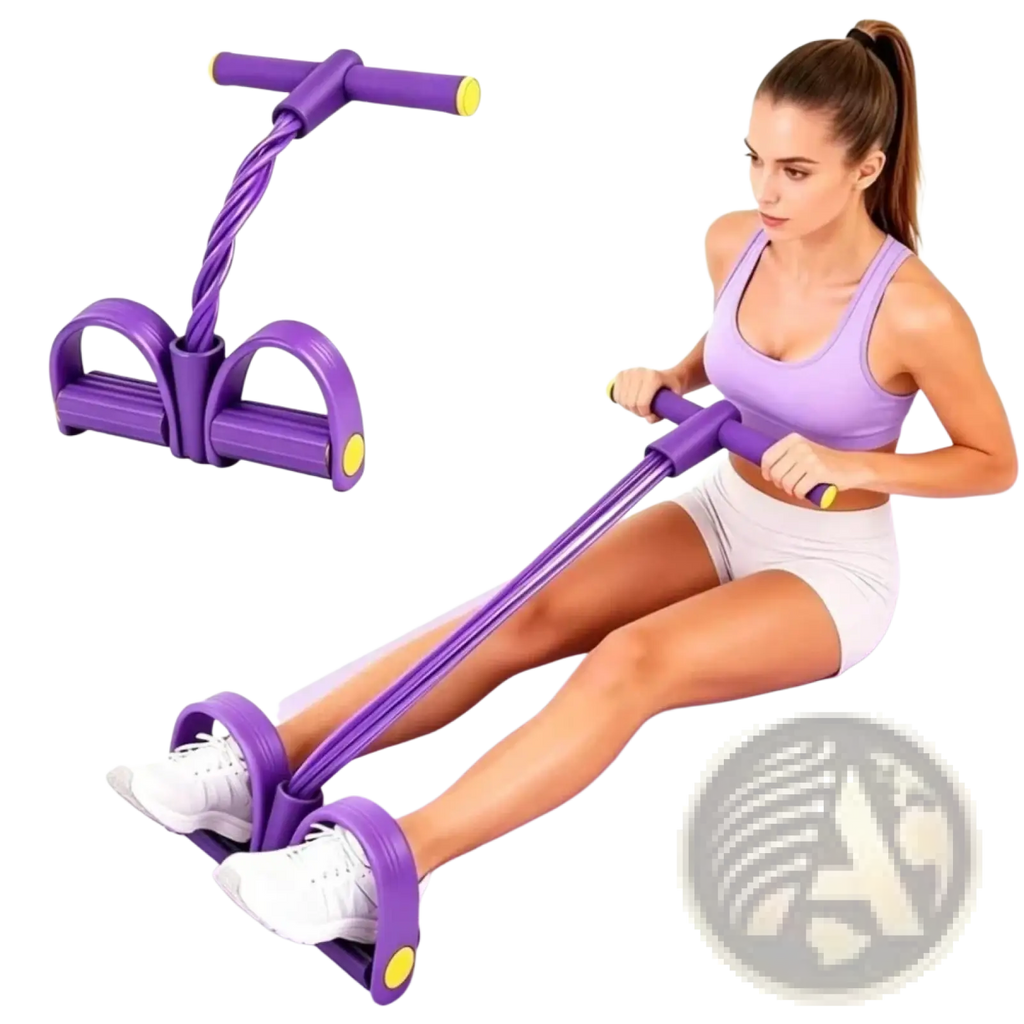 Pedal resistance band yoga exerciser with purple and yellow twisted elastic cord dual foot straps and handle grips