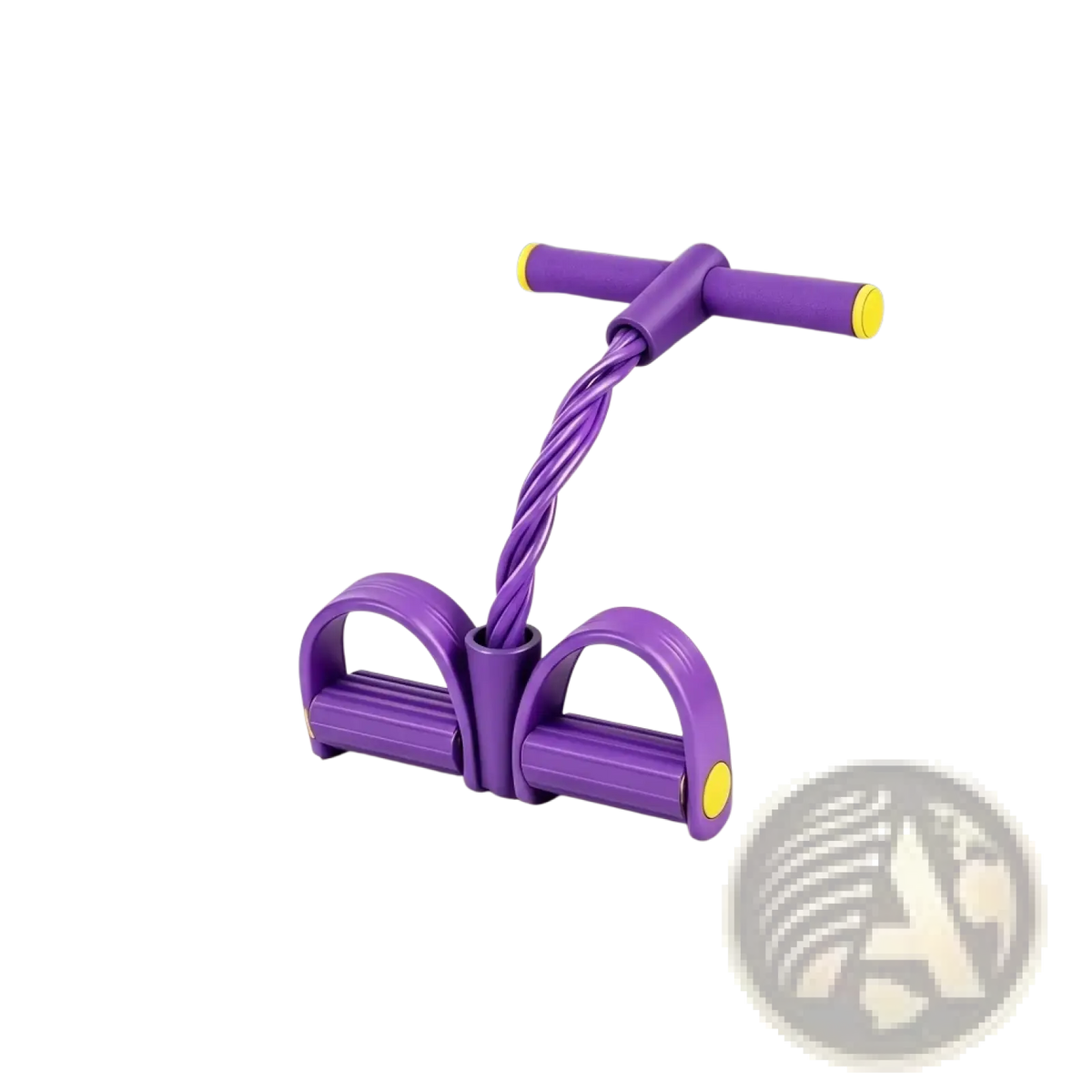 Pedal resistance band yoga exerciser in purple and yellow twisted elastic with two foot loops for strength training