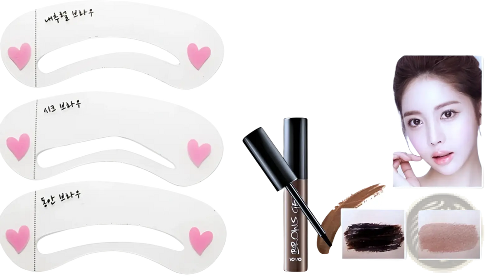Dark brown waterproof peel off eyebrow tattoo tint gel in sleek black tube with white heart adorned shaping templates
