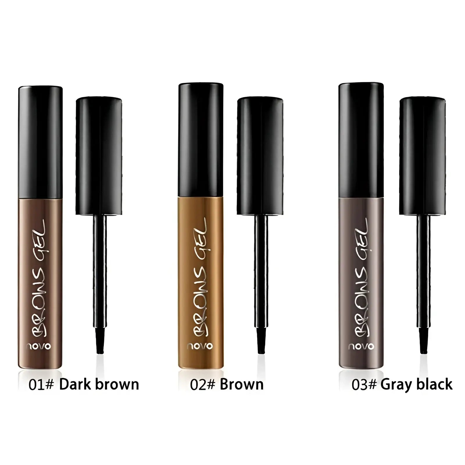 Three sleek cylindrical peel off eyebrow tattoo tint waterproof gel tubes in dark brown medium brown and gray black shades