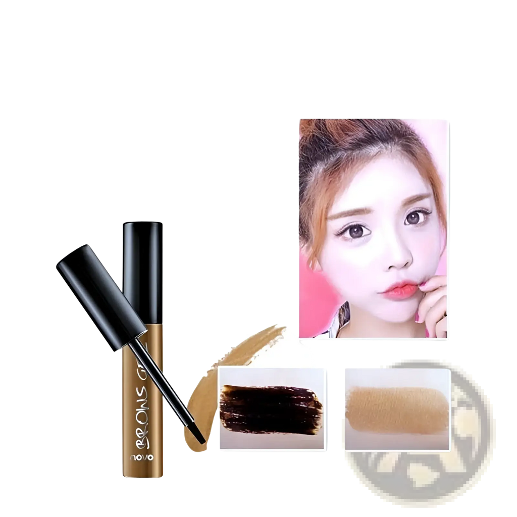 Brown eyebrow gel in a sleek black and gold tube with angled brush applicator from peel off eyebrow tattoo tint waterproof gel kit