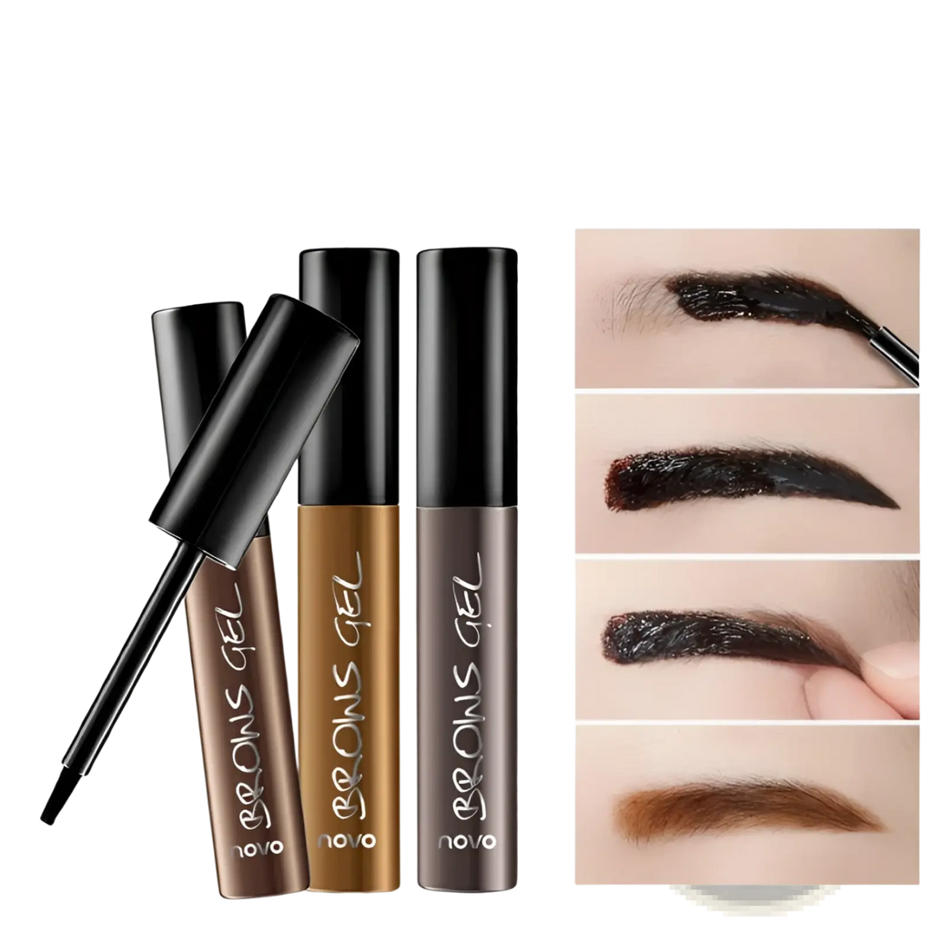 Three sleek black-capped brow gel tubes from Novo in brown and dark brown shades with fine brush applicators for tattoo tint
