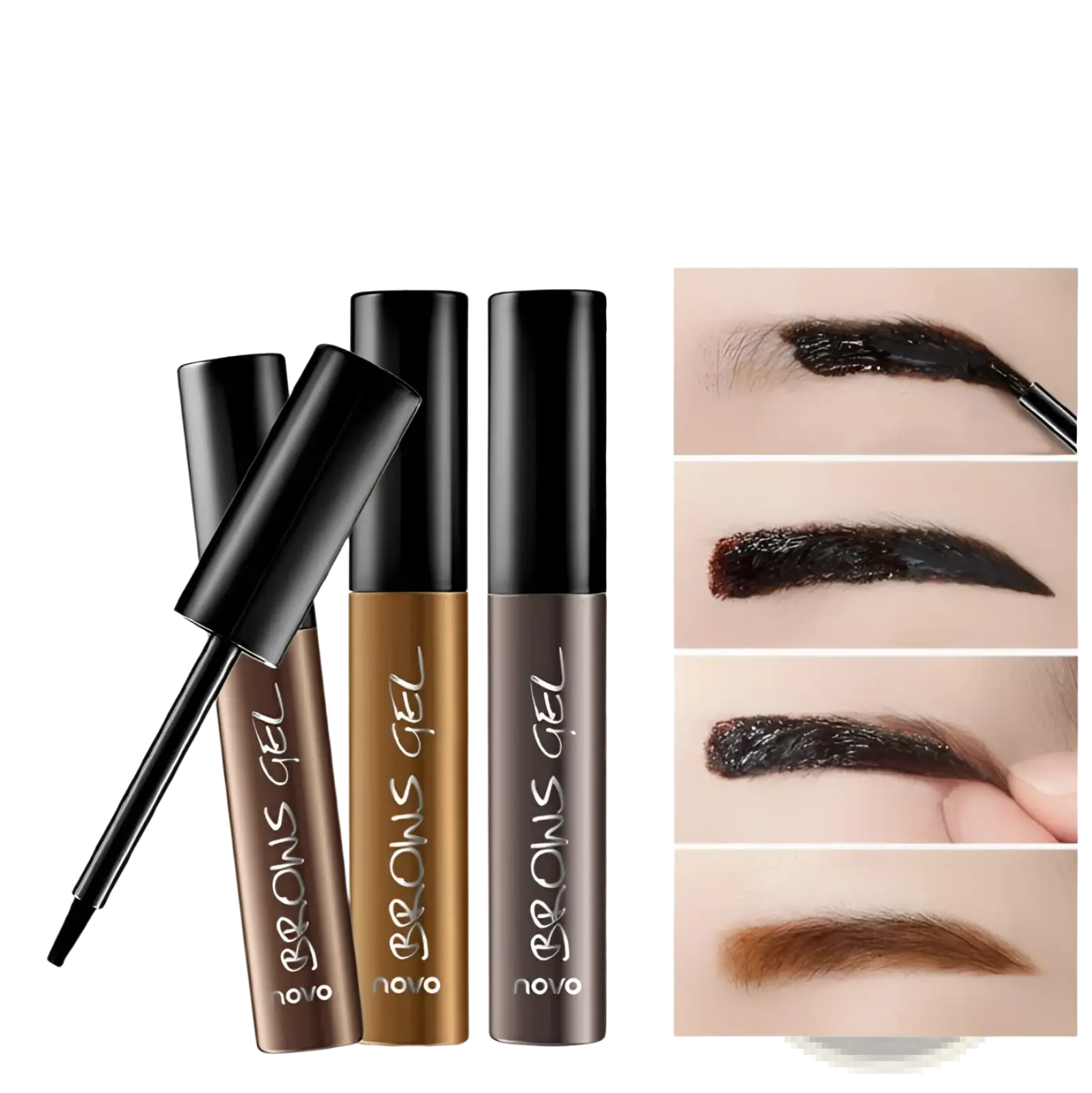 Three sleek black-capped brow gel tubes from Novo in brown and dark brown shades with fine brush applicators for tattoo tint