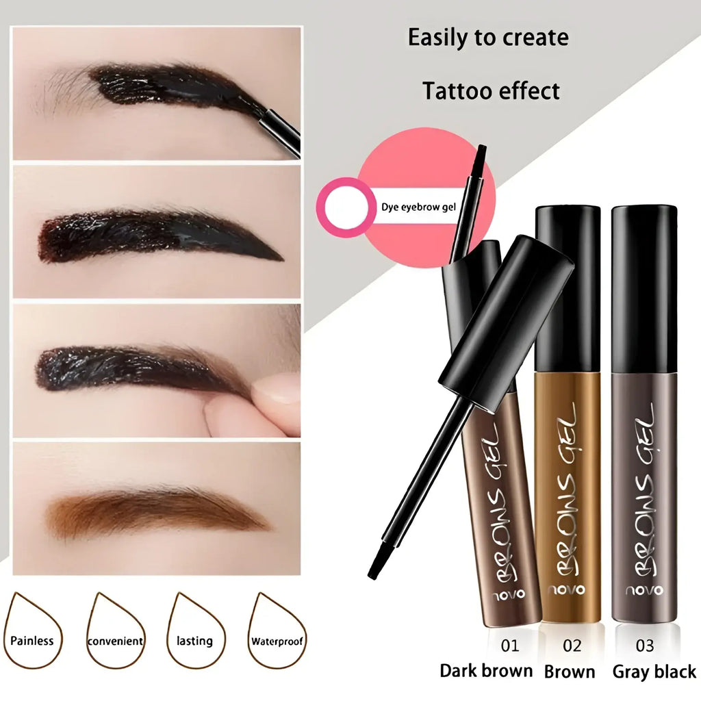 Three black-topped tubes of Novo peel off eyebrow tattoo tint waterproof gel kit in dark brown brown and gray black shades