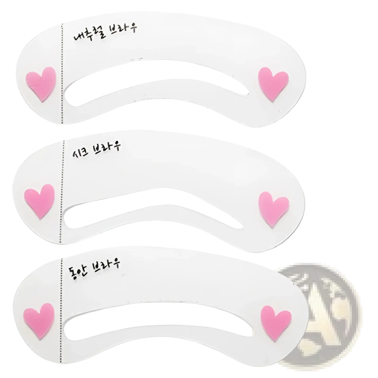 White plastic eyebrow shaping templates with pink heart decals and korean text for peel off eyebrow tattoo tint gel kit