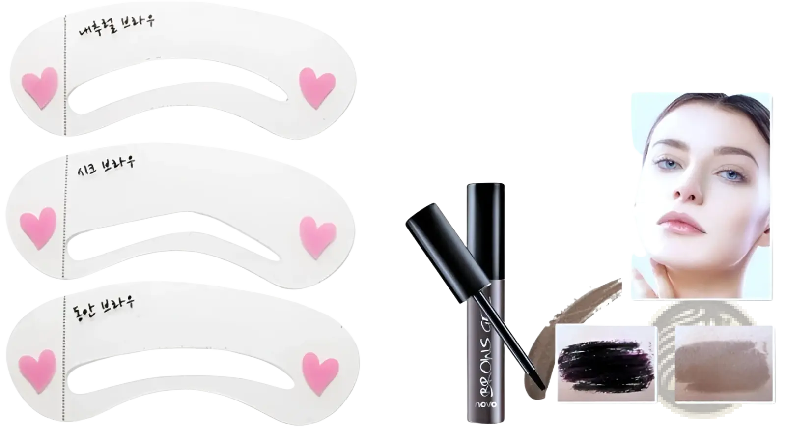 Gray-black eyebrow pencil with sleek black barrel and fine tip shown with color swatches for peel off eyebrow tattoo tint waterproof gel kit