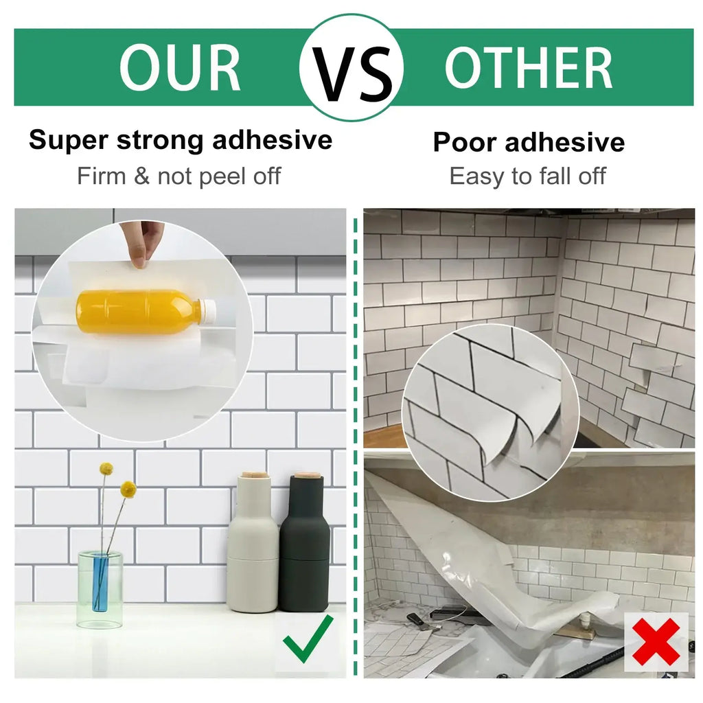 Super strong adhesive clear tape holding an orange bottle on white glossy peel and stick tile in direct contact with surface