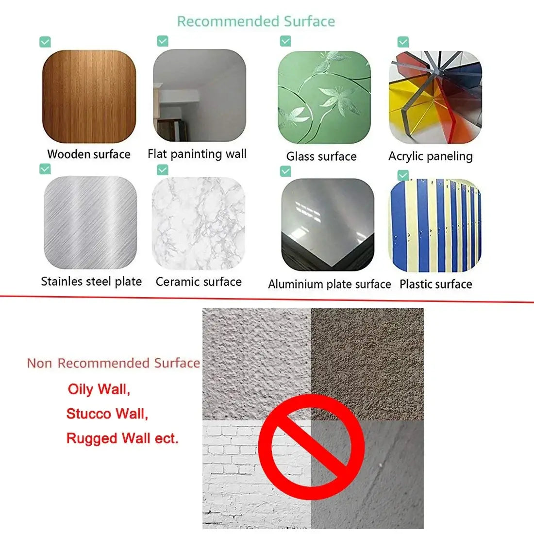 Peel and stick backsplash tile glossy white subway guide showing recommended surfaces for direct contact on fresh paint