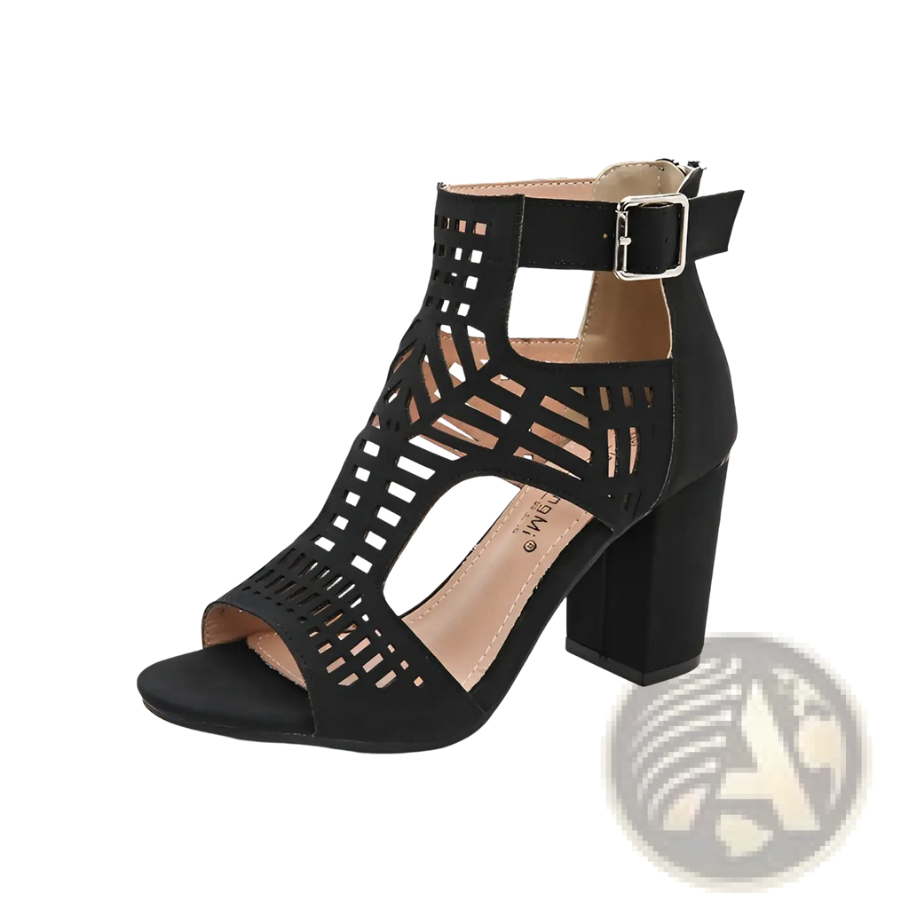Black suede peep toe hollow block heel sandal with geometric cutouts and ankle strap for stylish wear