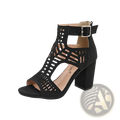 Black suede peep toe hollow block heel sandal with geometric cutouts and ankle strap for stylish wear