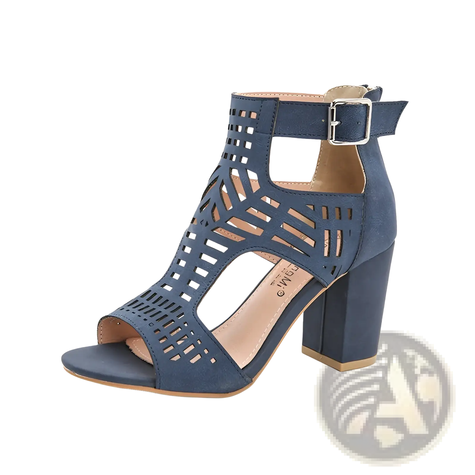 Navy blue suede peep toe hollow block heel sandals with ankle strap and geometric cutout pattern