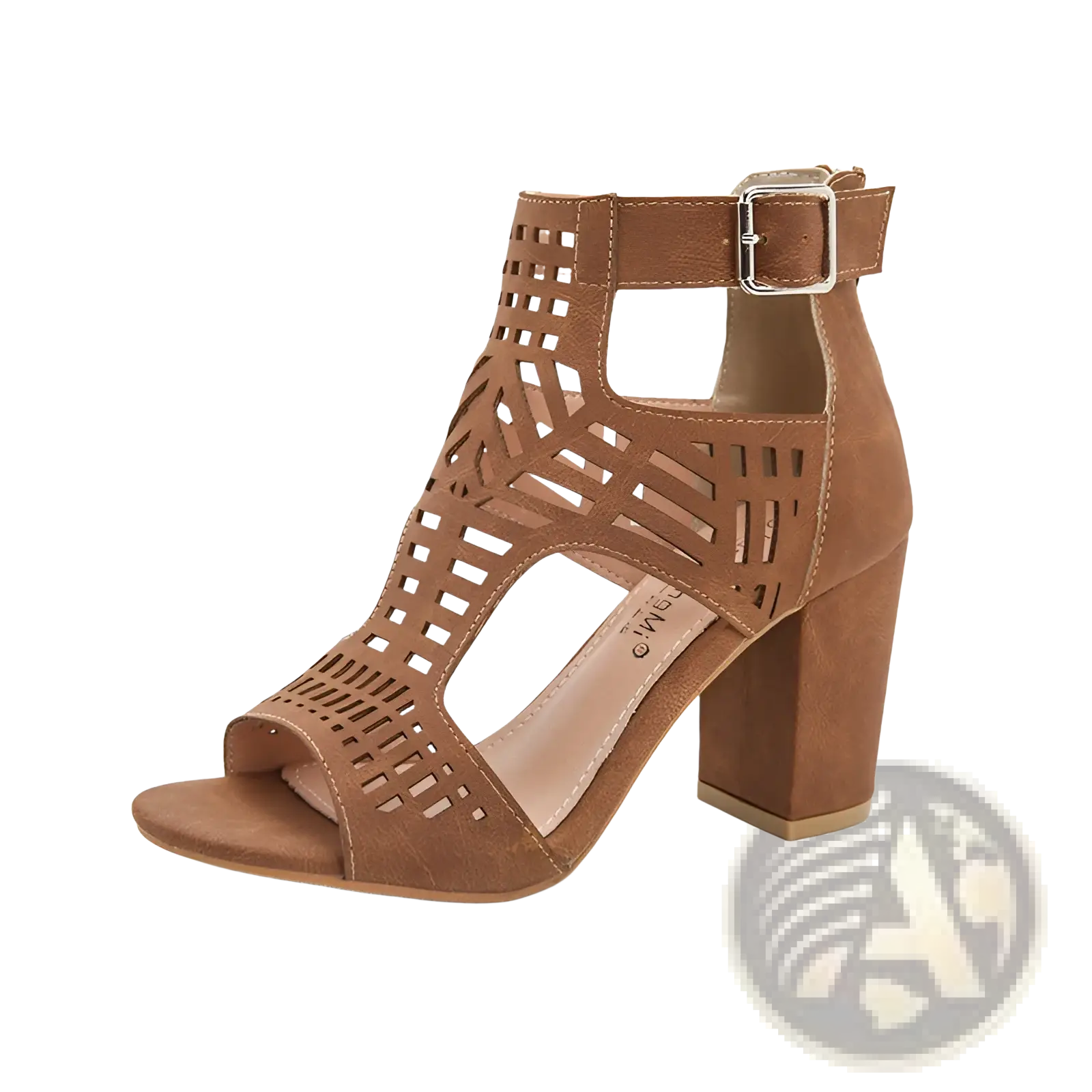 Tan suede peep toe hollow block heel sandals with ankle strap and geometric cutout pattern for stylish wear