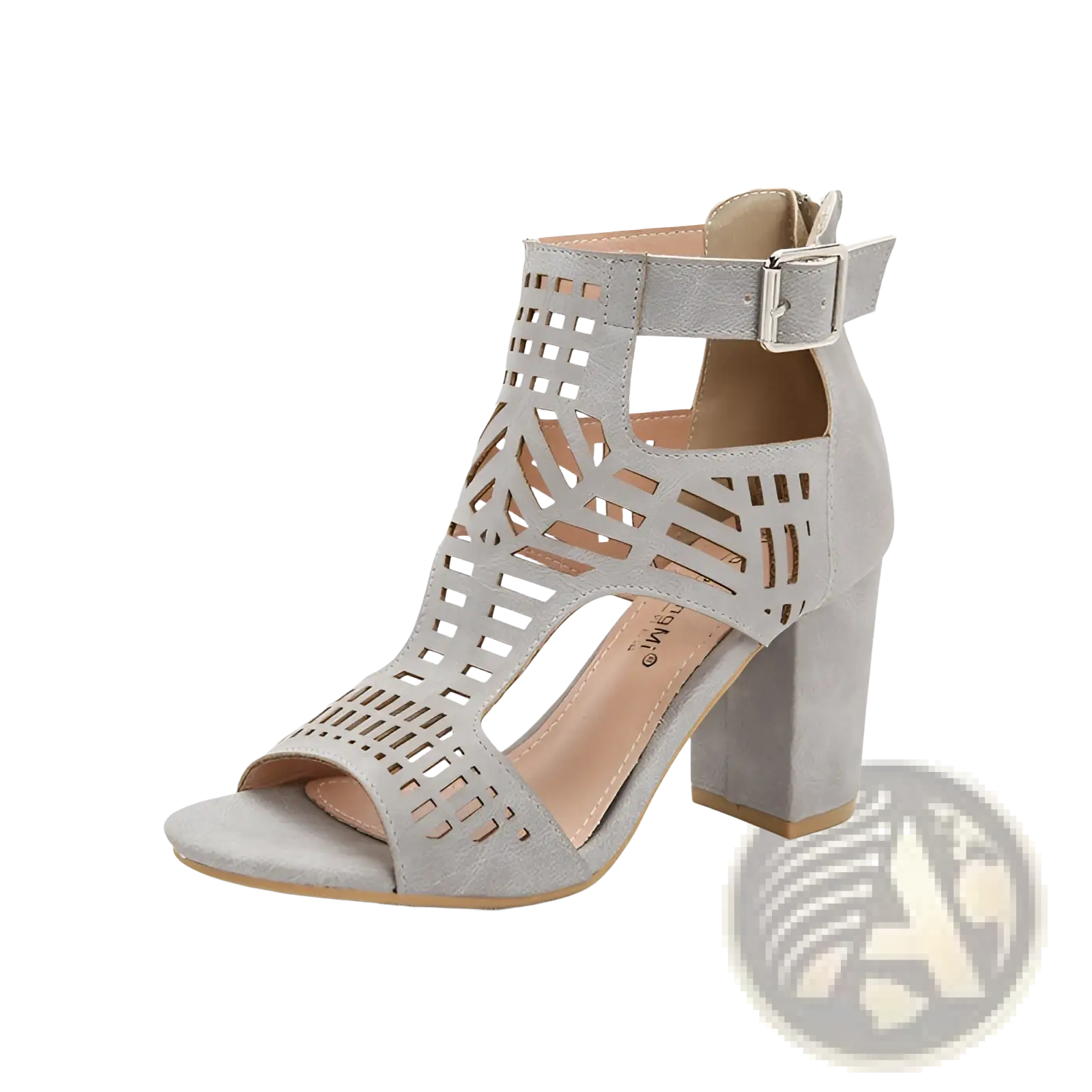 Gray suede peep toe hollow block heel sandals with ankle strap and geometric cutout pattern for stylish wear