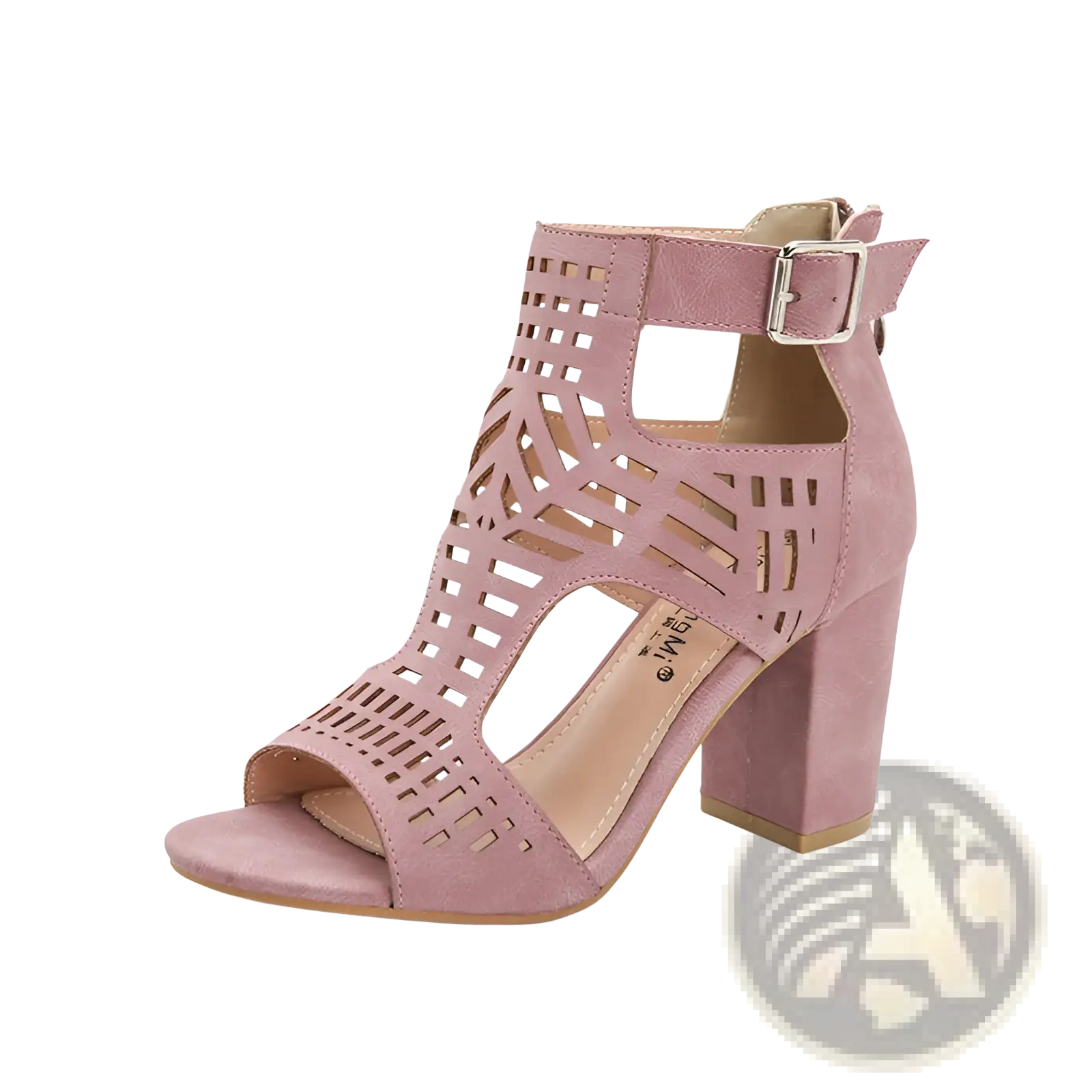Peep toe pink suede block heel sandals with ankle strap and geometric cutout pattern