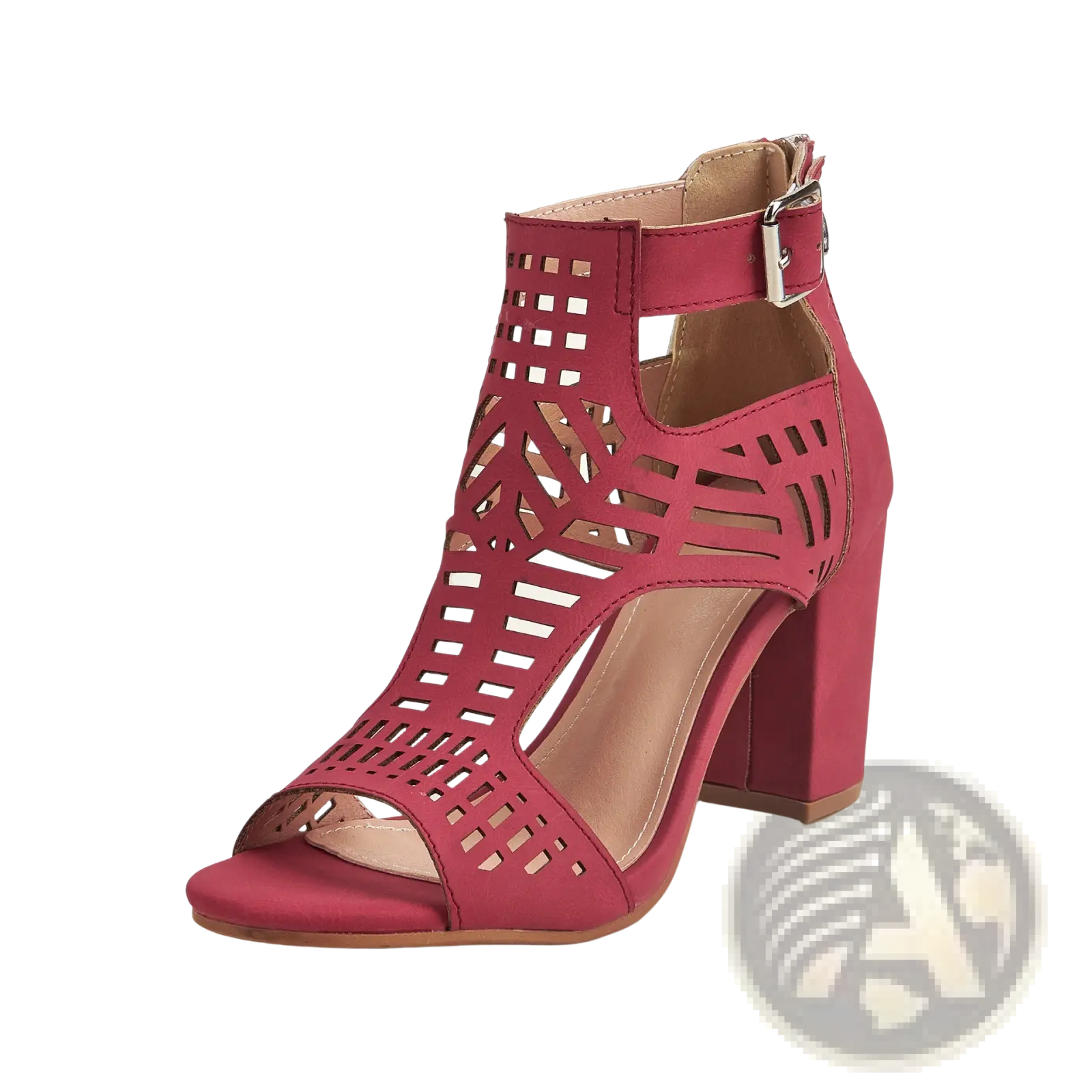A vibrant red perforated leather peep toe hollow block heel sandal with ankle strap and chunky heel