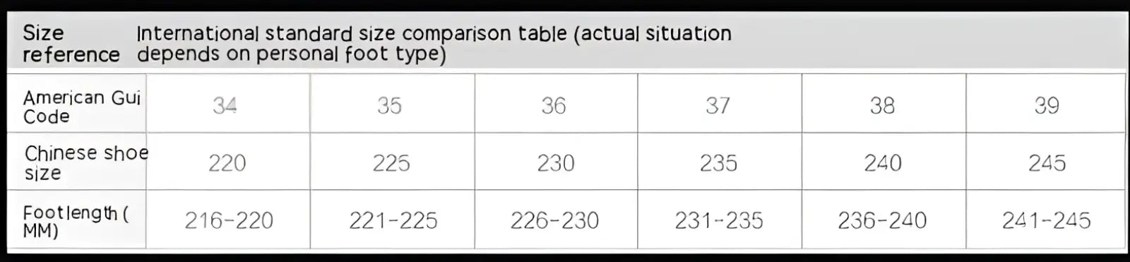 Size reference chart comparing american and chinese shoe sizes with foot length for peep toe hollow block heel sandals with ankle strap