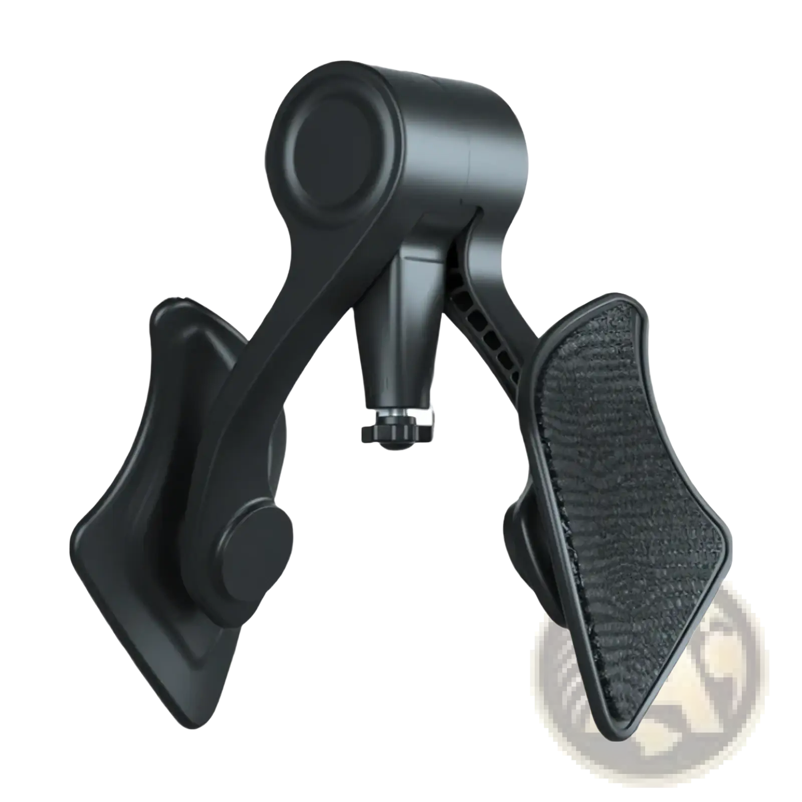 Black plastic pelvic floor muscle trainer and buttock exerciser with textured grip surfaces and adjustable clamps