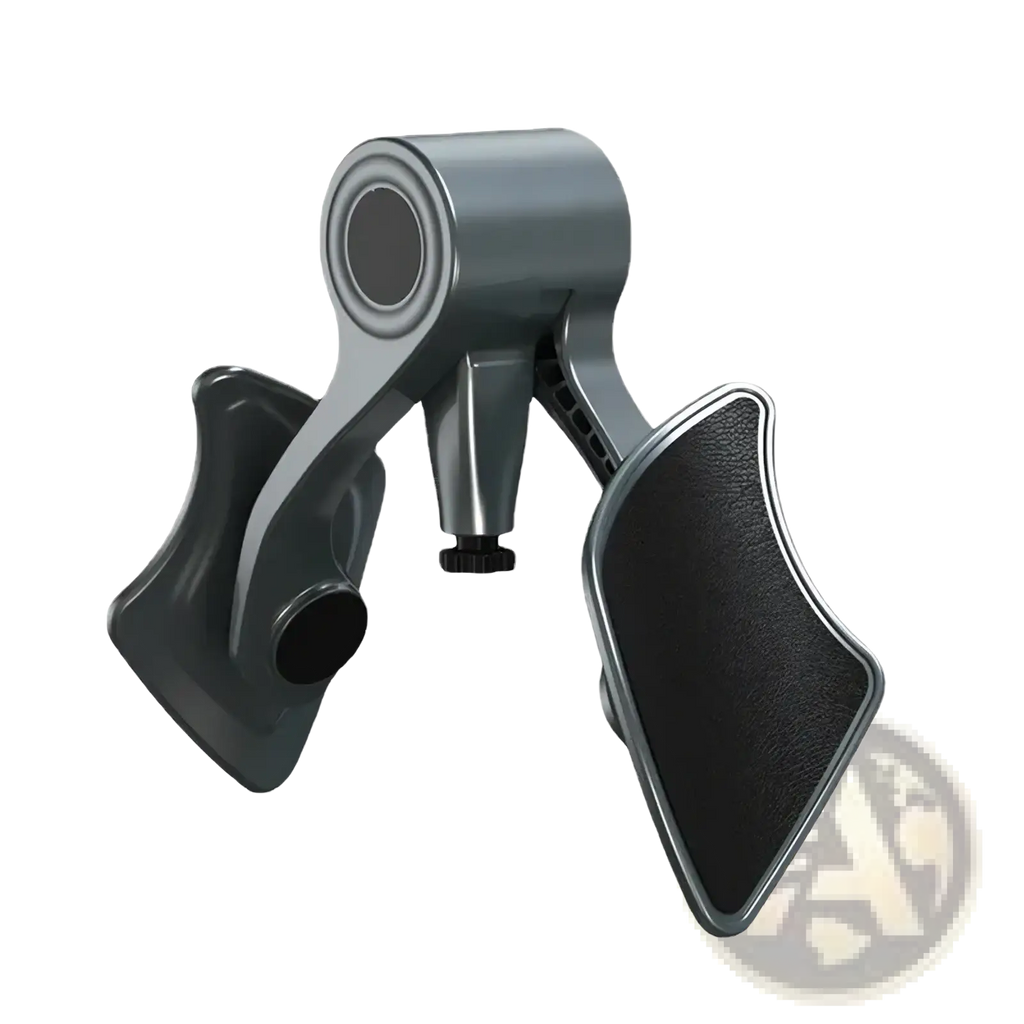 Gray metal pelvic floor muscle trainer and buttock exerciser with black textured padding on the pads visible from the back side