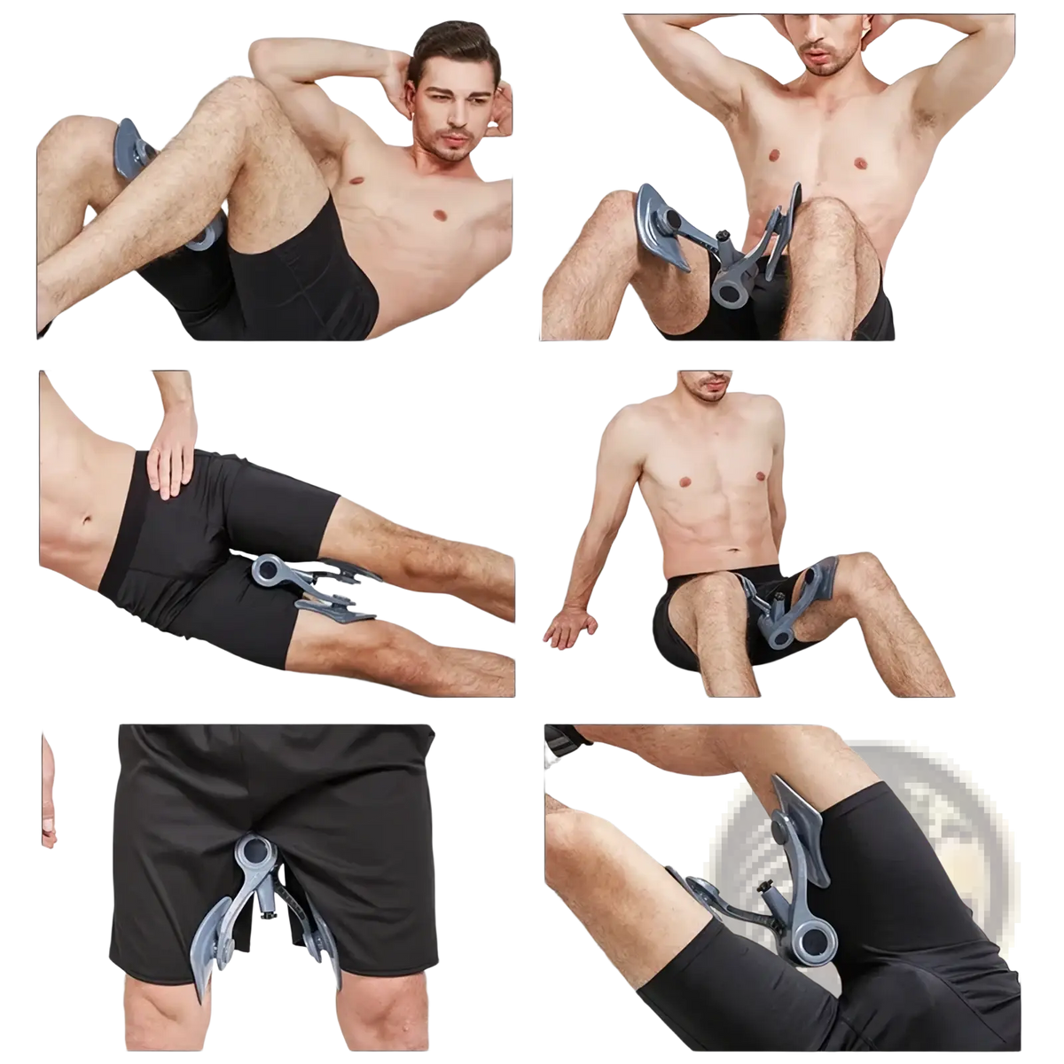 Gray plastic pelvic floor muscle trainer and buttock exerciser with adjustable clamps and central pivot point