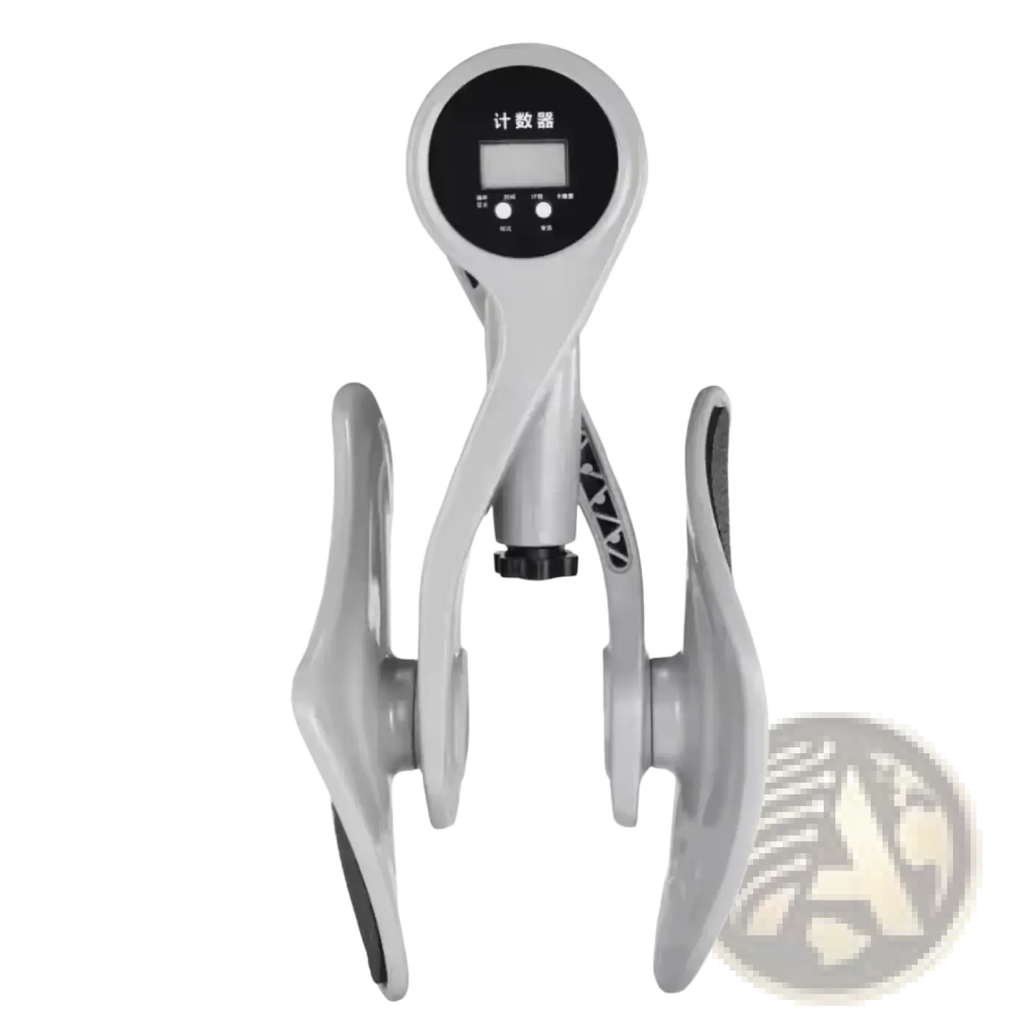 Gray plastic and metal pelvic floor muscle trainer for men with a digital display fitness clip