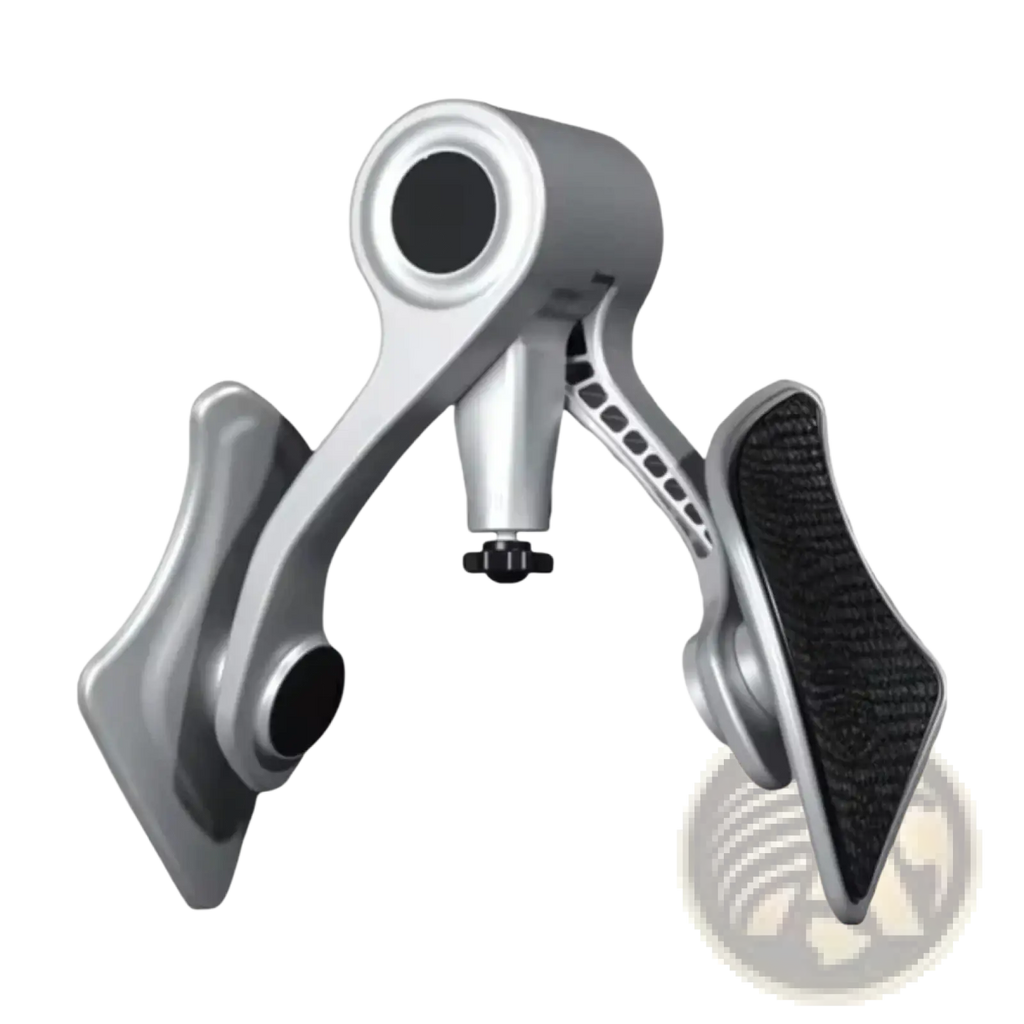 Silver and black carbon fiber pelvic floor muscle trainer pedal holder with adjustable arms for men