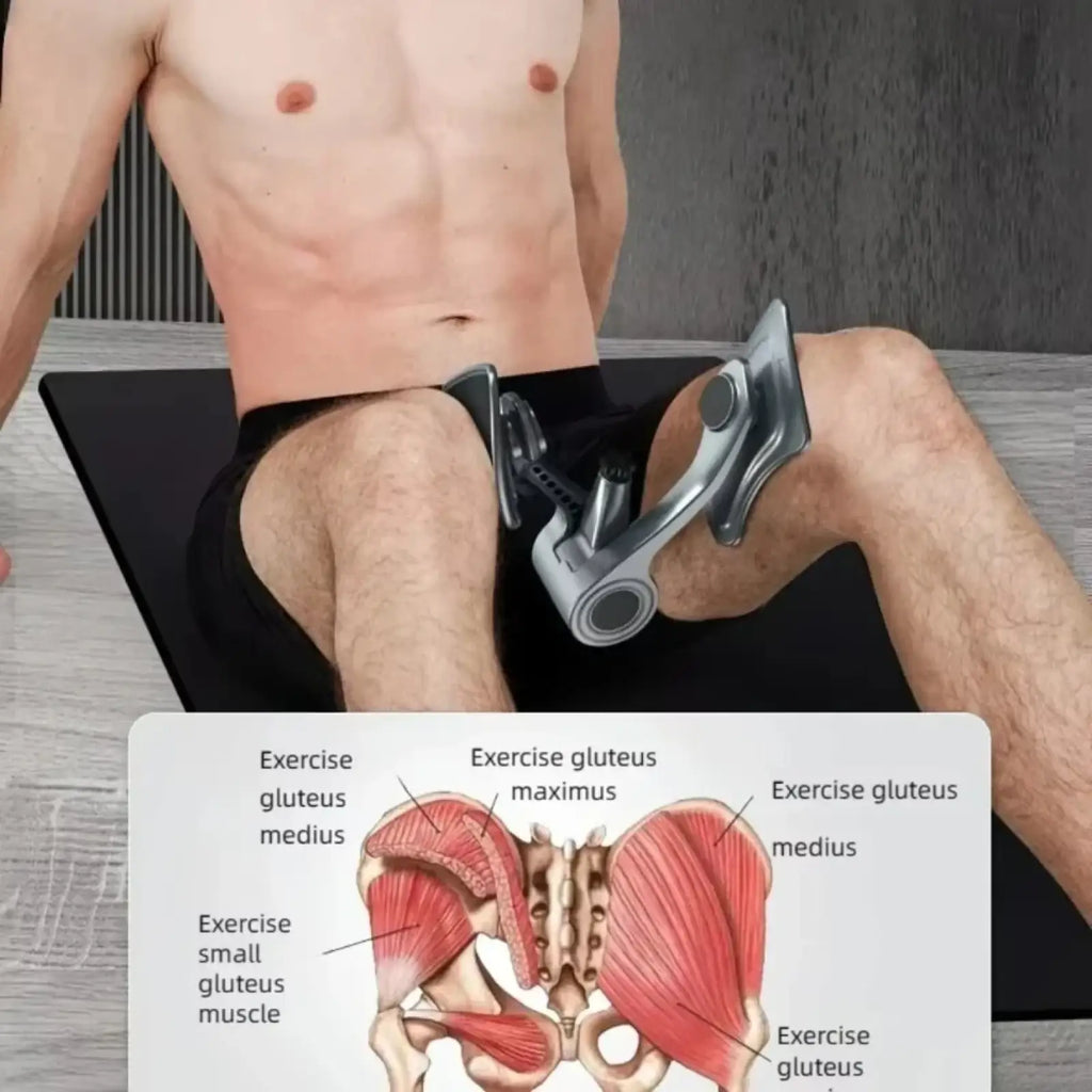Silver metallic pelvic floor muscle trainer for men with adjustable clamps securing around the hips back side view