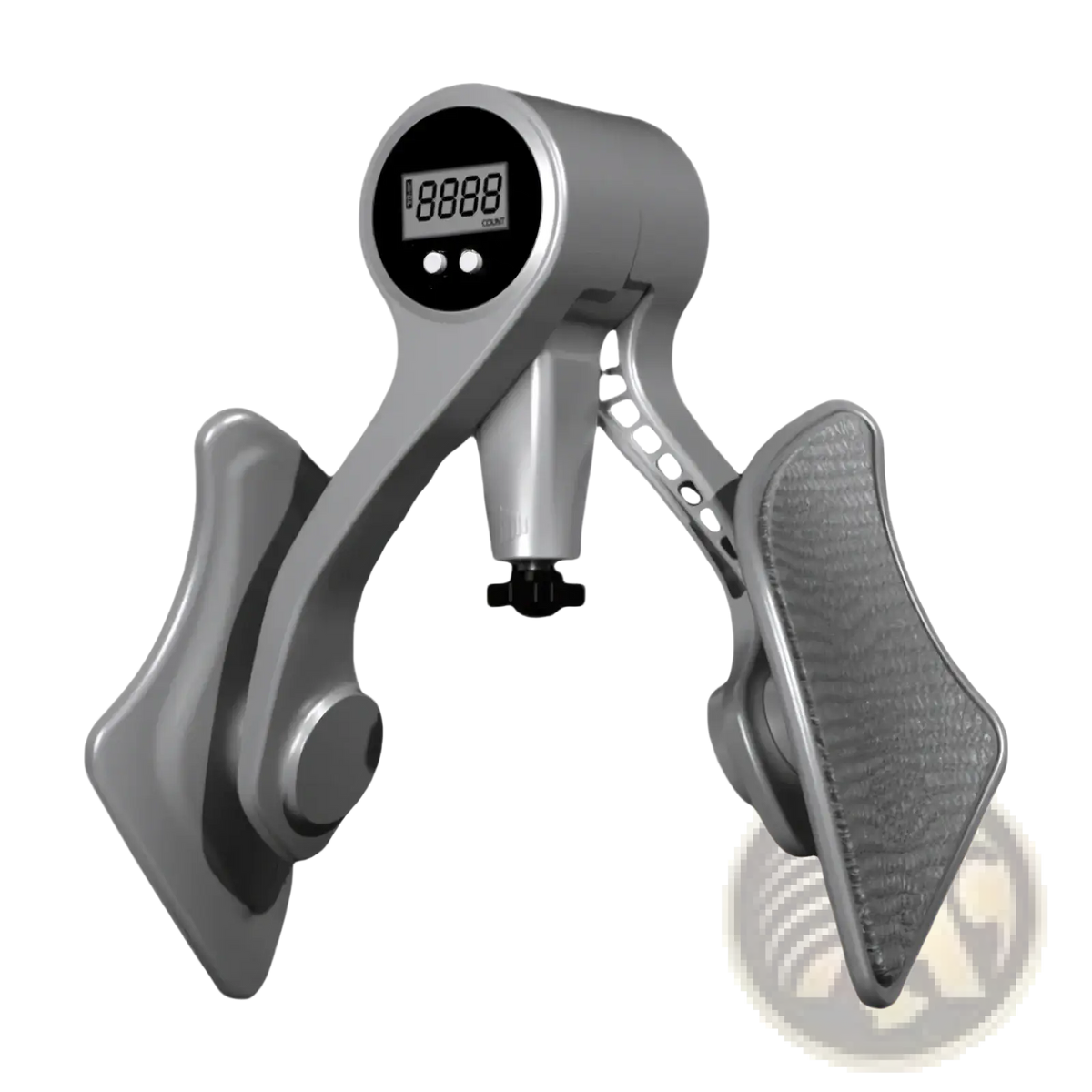 Silver-colored digital pelvic floor muscle trainer smart kegel exerciser with ergonomic design and textured foot pads
