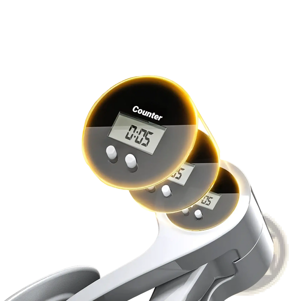 White and gray digital pelvic floor muscle trainer smart kegel exerciser with three circular display screens showing 0:05
