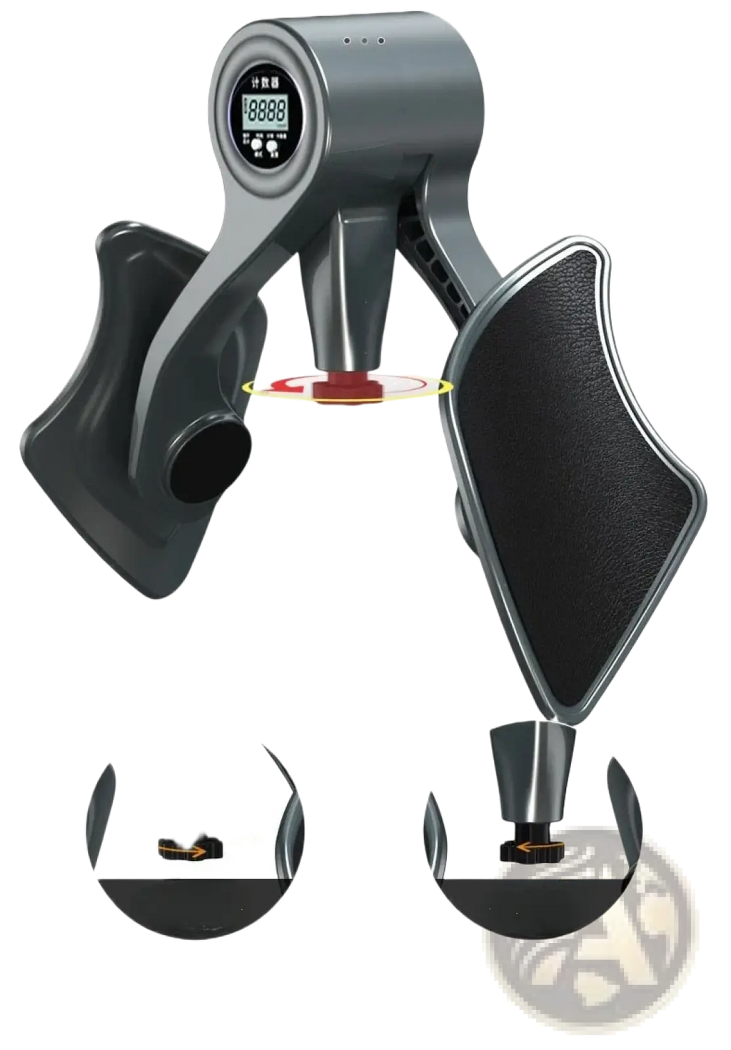 Gray and black digital pelvic floor muscle trainer and thigh exerciser with textured grip surfaces shown from the back side