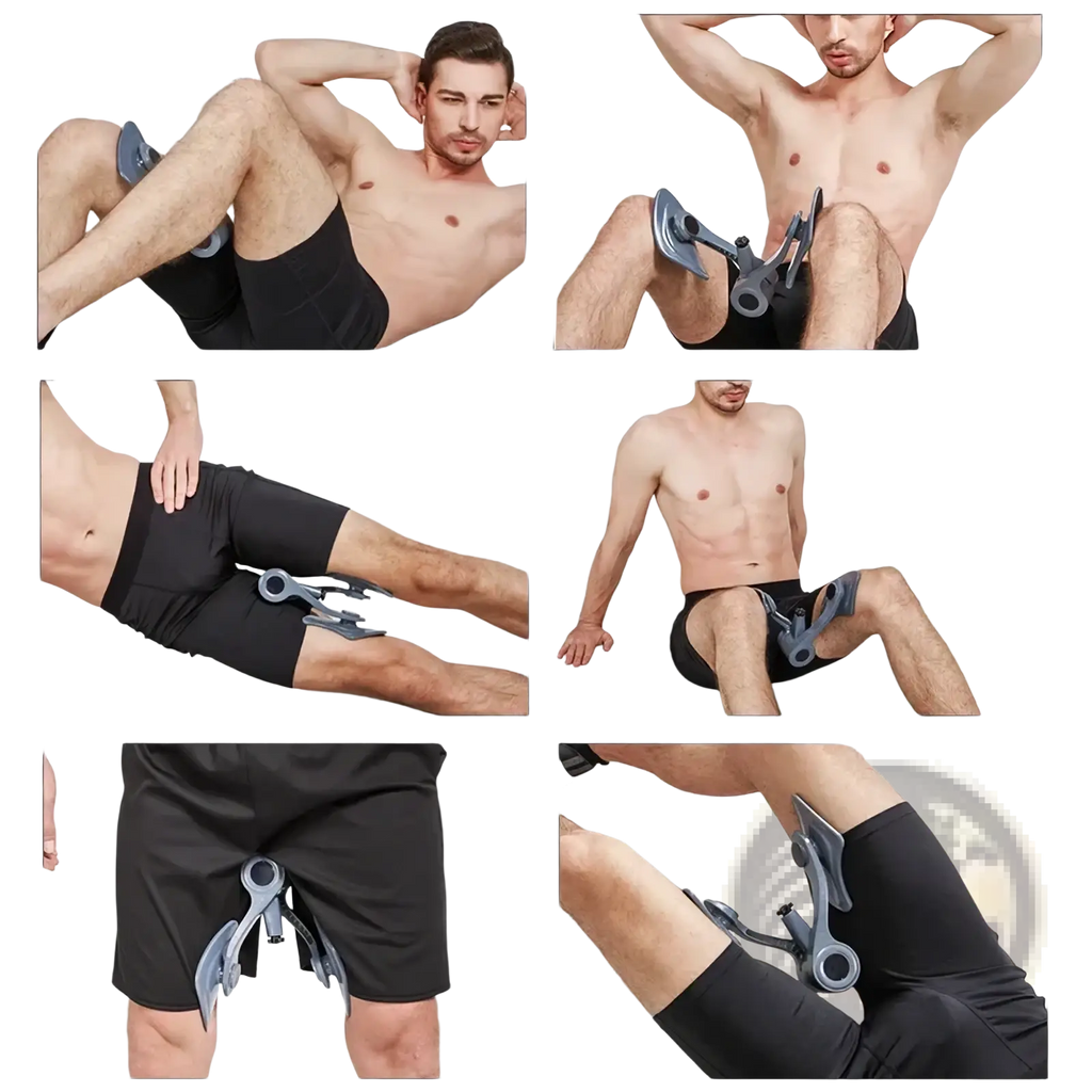Gray plastic pelvic floor muscle trainer and thigh exerciser with adjustable straps and central pivot mechanism