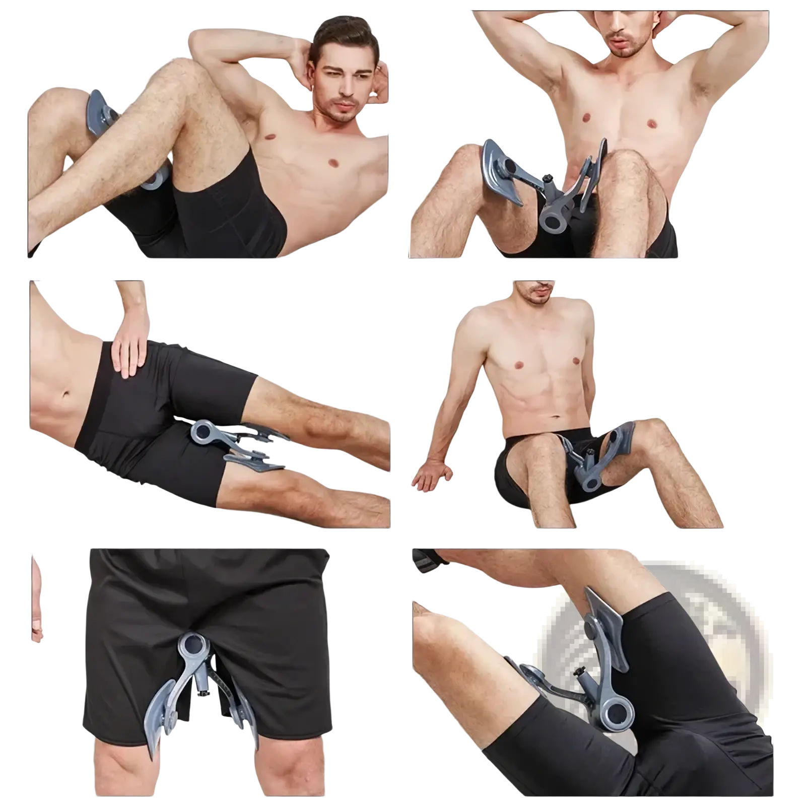 Gray plastic pelvic floor muscle trainer and thigh exerciser with adjustable straps and central pivot mechanism