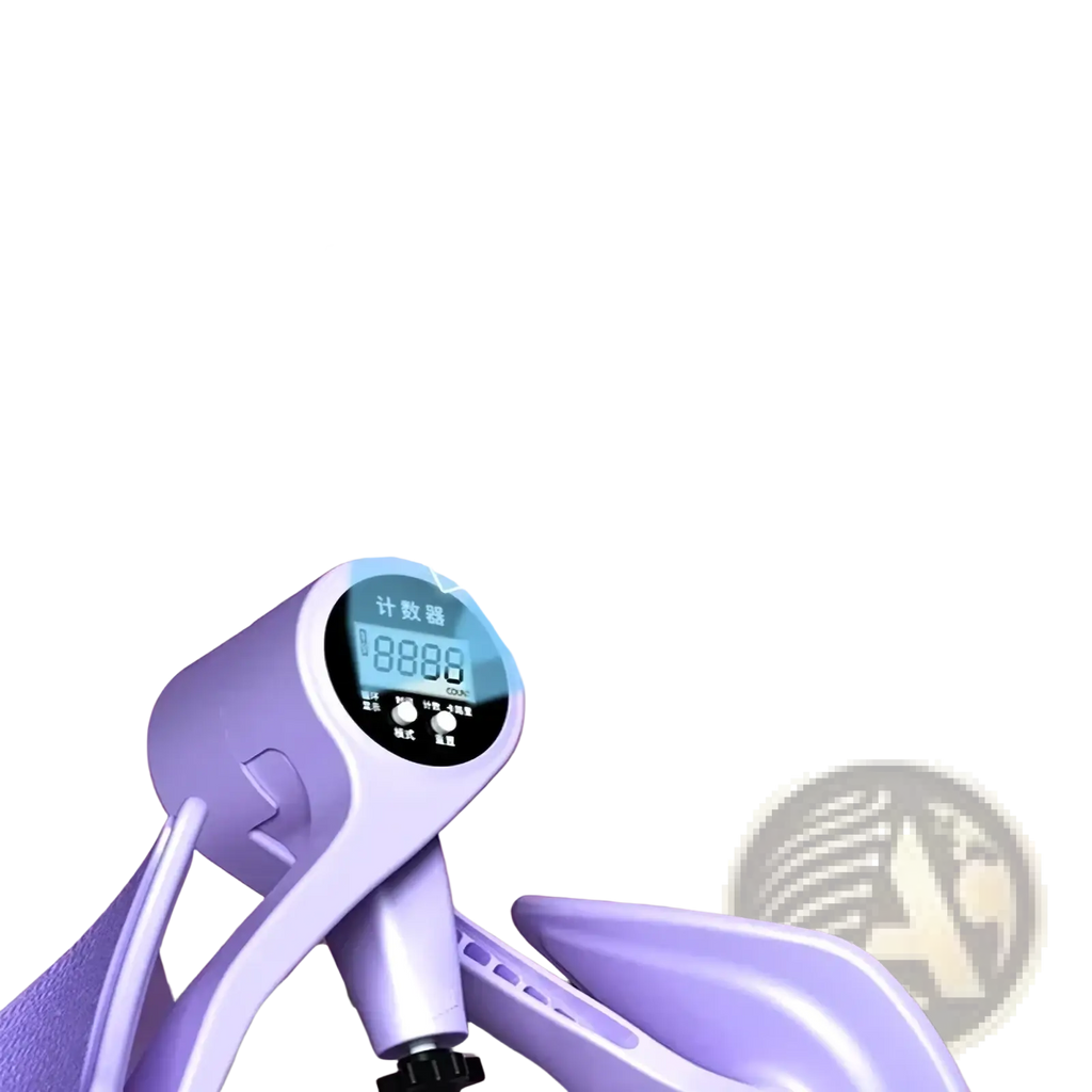 Purple pelvic floor muscle trainer and thigh exerciser with digital display showing count calories and time