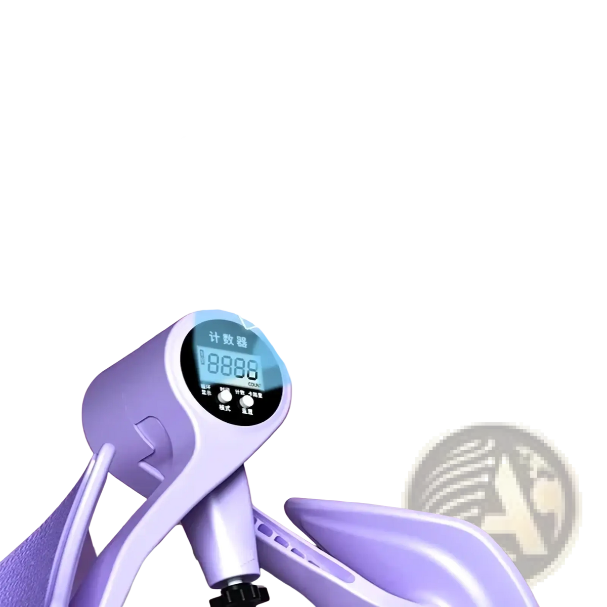 Purple pelvic floor muscle trainer and thigh exerciser with digital display showing count calories and time