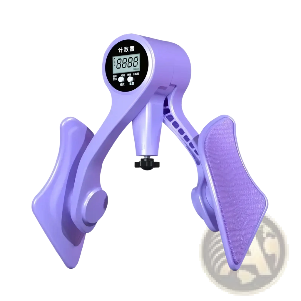 Purple plastic pelvic floor muscle trainer and thigh exerciser with digital display and textured footpads