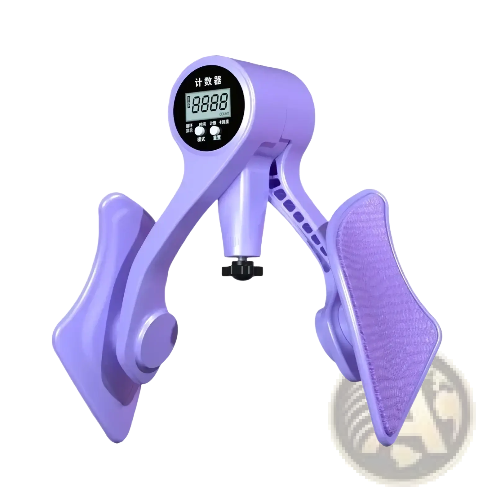 Purple plastic pelvic floor muscle trainer and thigh exerciser with digital display and textured footpads