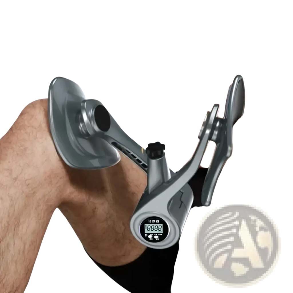 Silver metallic pelvic floor muscle trainer and thigh exerciser with digital display and adjustable clamps