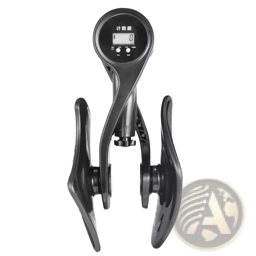 Black digital pelvic muscle trainer and hip exerciser with sleek ergonomic design and adjustable handles for leg workouts