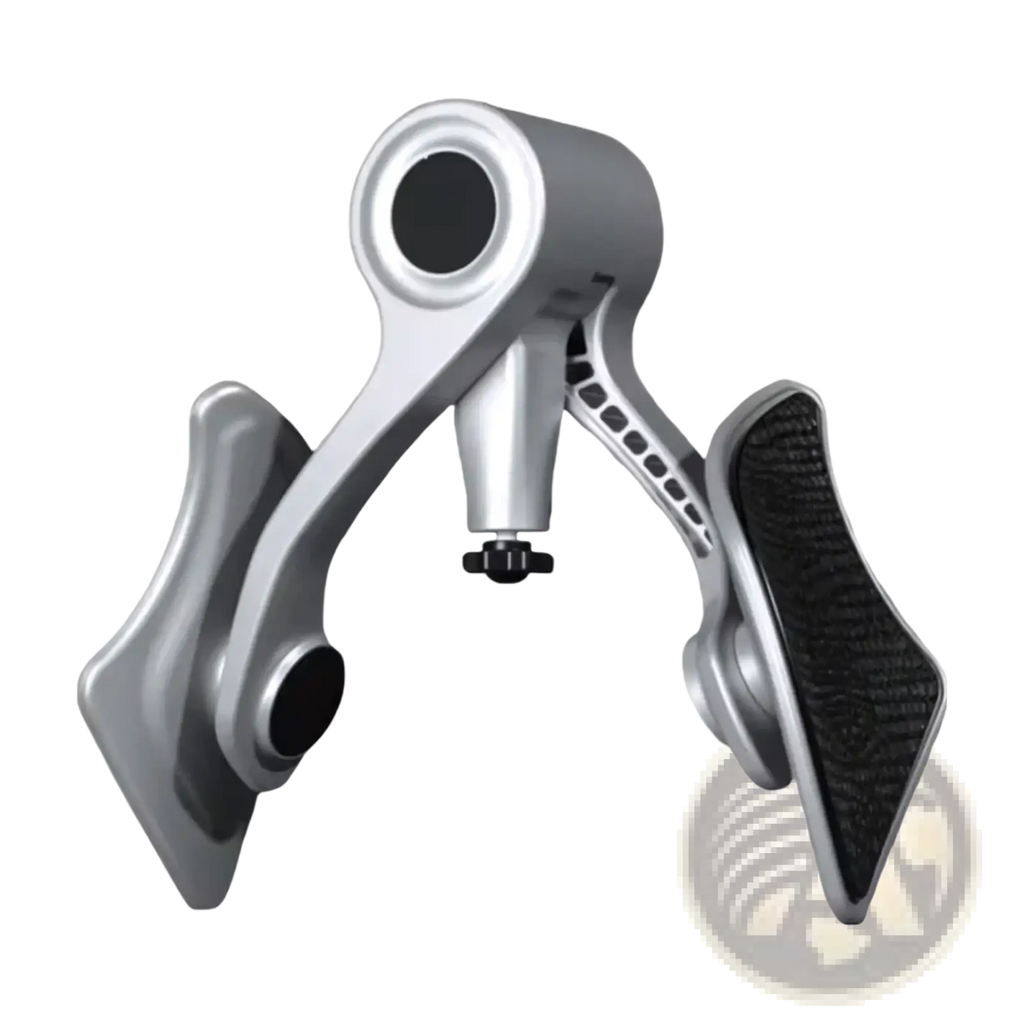 Silver and black bicycle pedal with textured grip for pelvic muscle trainer and hip exerciser for men