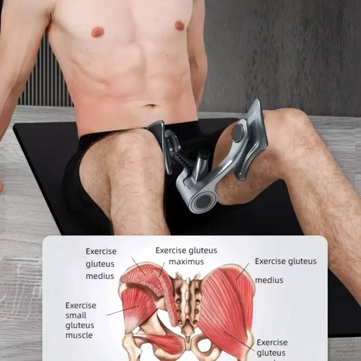 Silver metallic pelvic muscle trainer and hip exerciser with adjustable clamps and circular pivot points for men