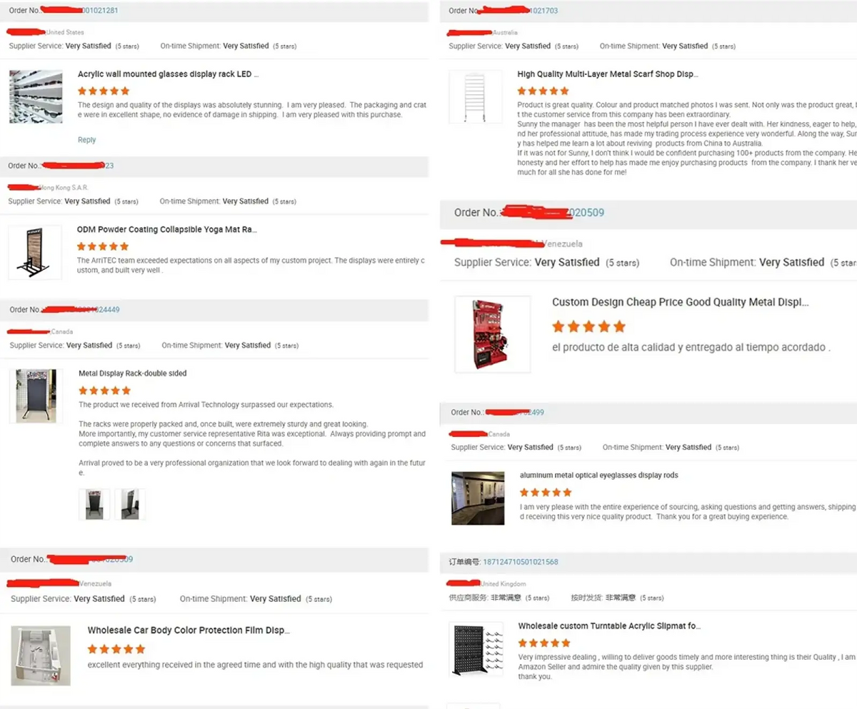 Image of a pencil shaped acrylic stationery display stand with product reviews and order details from an online marketplace